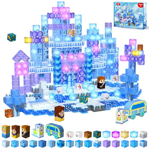 200 PCS Magnetic Blocks with Light Up Blocks - Transparent Magnetic Building Block for Kids Age 3+, Magnet Cubes Blue Castle, Magnets Toys Easter Birthday Gift Summervibes for Boys Girls 4 5 6 7 8 9 10 11 12+
