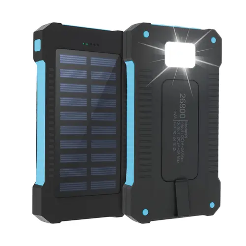 26800mAh Solar-Powered USB Portable Power Bank - IP67 Rainproof Shockproof Outdoor Charger with LED Flashlight, Compass, Carabiner, Fast Charging, Micro USB for iPhone, Android | EDC Gear, International Travel Essentials