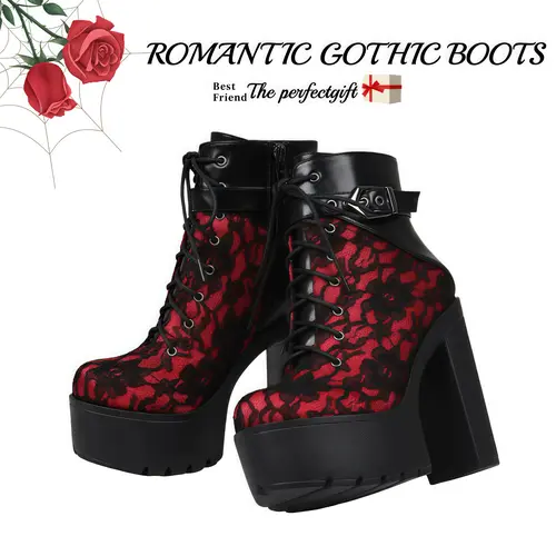 Women's Gothic Mid-Calf Combat Boots, Lace-Up Chunky Platform Block Heels, Round Toe Casual Rock Style Alternative Footwear, Gothic Grunge Statement Shoes, Alternative Style, Grunge Aesthetic