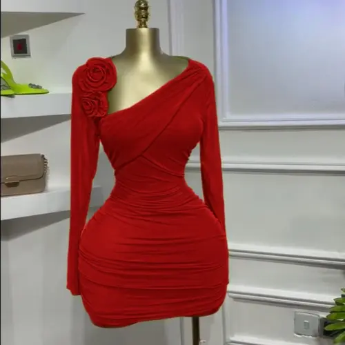 Women's Long Sleeve Floral Applique Bodycon Ruched Dress, Asymmetrical Neckline Party Birthday Dress, Elastic Holiday Vacation Cocktail Prom Dress for Women, Green and Red Dresses