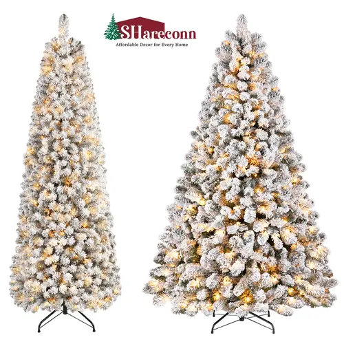 SHareconn 2026 PVC Prelit Artificial Christmas Tree Decoration - 6.5/7.5FT Snow Flocked Spruce, 1098/1400 Branch Tips, 380/420 Warm Toned LED Holiday Lights, Foldable Stand, Room Decor