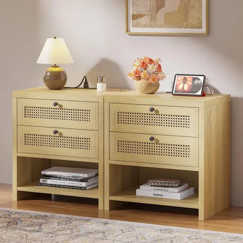 LIKIMIO 2-Piece Modern Accent Tables - Boho Rattan Blend Nightstands, Pre-Assembled Bedroom Bedside Charging Station with USB Port, 2 Drawers, Open Shelf, Flat Top, Reinforced Legs, Storage (No Assembly Required), Natural
