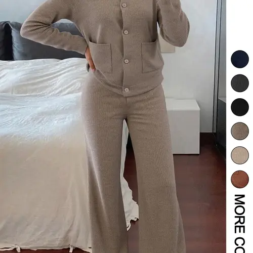 Women's Two-Piece Set, Clothes Set, Womenswear Comfortable Casual Fitted Round Neck Long Sleeve Knitted Sweater Set with Pockets, High Waist Versatile Wide Leg Pants, Perfect for Daily Wear