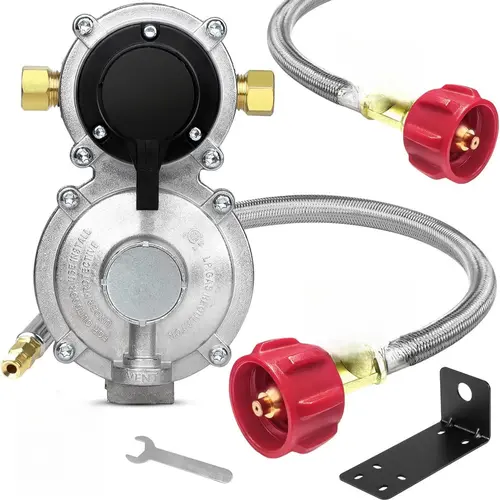 B BRAZIFY RV 2-Stage Automatic Switch LPG Gas Regulator with 2 18" Stainless Braided Inverted Flare Pigtail Hoses & Gauge, Dual Tank Part for RVs, Trailers (for RV Users), Lpgas Regulator