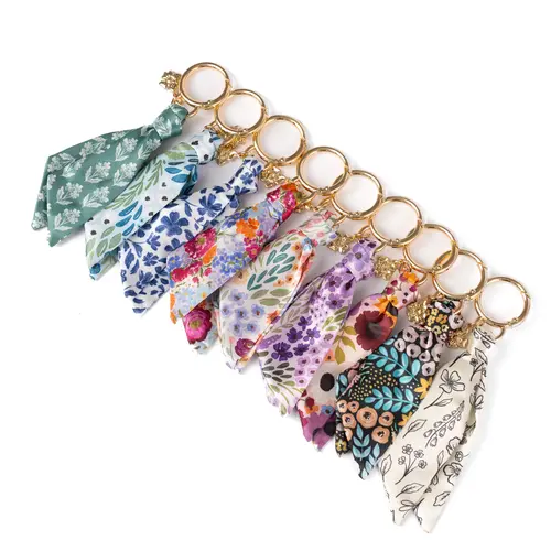 Women's Floral Satin Keychain with Satin Tie & Gold Ring Detail, Cute Bag Charm for Purses/Backpacks, Fashion Keychains for Women, Inside Purse Accessories