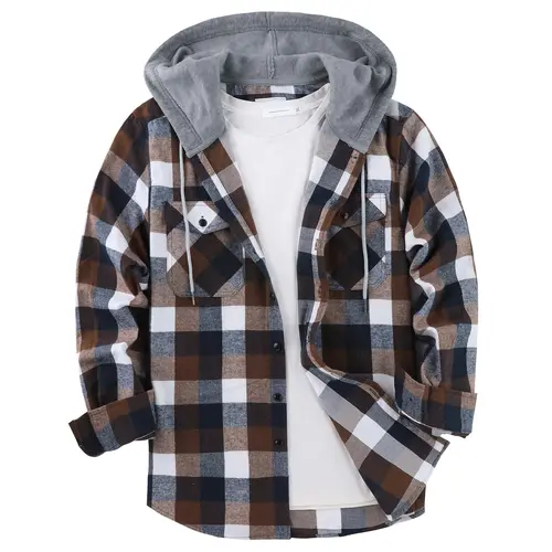 ZITY Men's Checkered Flannel Button-Front Hooded Jacket - Preppy Regular-Fit Long-Sleeve Top with Buttons, Drawstring Hood, Pockets for Spring & Fall