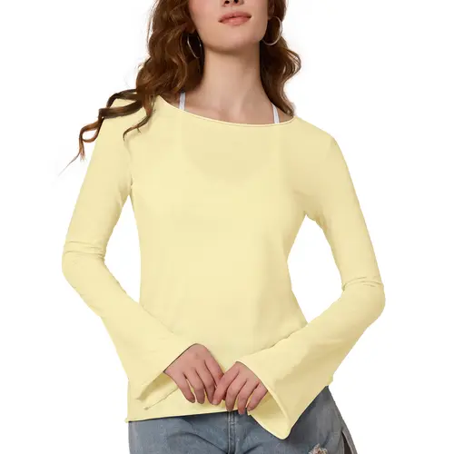 FAIABLE Women's Lightweight Semi-Sheer Long Sleeve Blouse with Bamboo Texture Off Shoulder Design Slim Fit Subtle Flare Cuffs Breathable White Casual Top Elegant Summer Sun Shirt for Beach Office Travel or Daily Wear - Womenswear