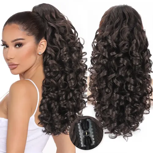 20 in Synthetic Hair Ponytail Extension - Scratchproof Claw Jaw Clip, Wavy Curly, Fluffy Natural Soft, Medium Brown Synthetic Fibers, Instant Pony for Dates and Parties