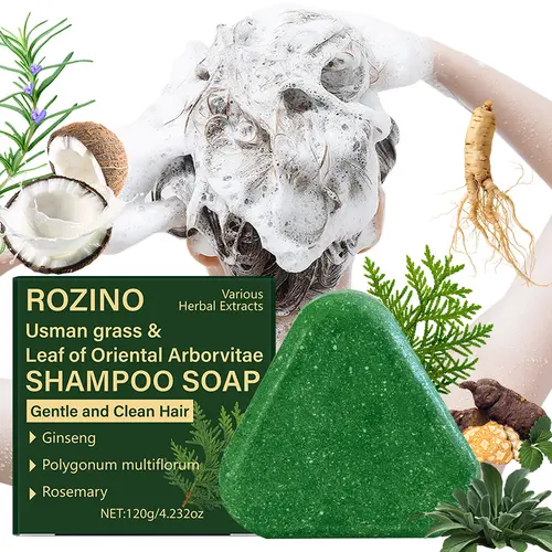[six-pack]ROZINO Usman Grass & Leaf of Oriental Arborvitae Shampoo Soap Bar for Hair Growth & Gray Hair Reversal - Natural Thinning Hair Loss Treatment with Ginseng Polygonum Multiflorum Rosemary