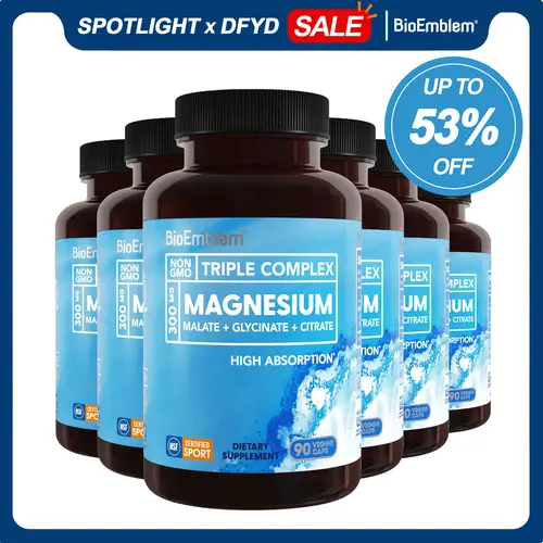 BioEmblem Triple Magnesium Complex Capsules - Malate, Glycinate, Citrate - 300mg High Absorption Vegan Dietary Supplement, GMO Free Energy & Focus Booster, Anxiety Management Mineral Supplement