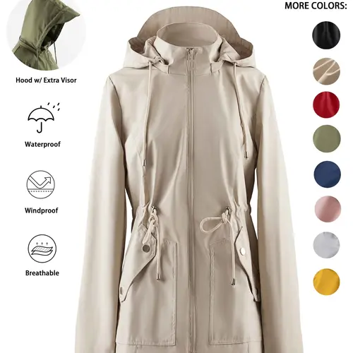 Women's Solid Woven Adjustable Drawstring Pocket Zipper Design Hooded Jacket Coats, Casual Basic Long Sleeve Button Waterproof Windbreaker Jacket for Spring & Fall, Ladies Clothes for Outdoor Activities Hooded Outerwear Womenswear