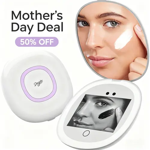 DayIn UV Mirror for Sunscreen Test with UV Camera, Sun Protection Visualization Travel Makeup Mirror with LED Light and 3X Magnification Pocket Mirror