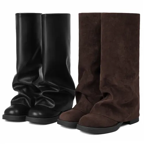 EROCALLI Women's Slouchy Knee High Boots - Shoes for Women, Trending Shoes, Round Toe Pull-On, Fold-Over Block Heel Platform, Mid-Calf, Comfortable, Casual Design