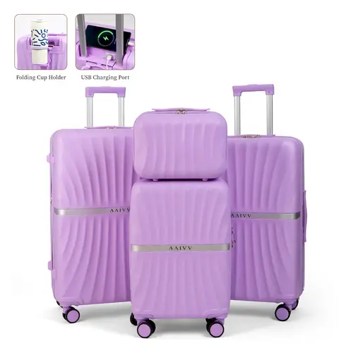 AAIVV 4-Piece Expandable Sturdy Synthetic ABS Luggage Set - Lightweight Durable Luggage, 20in Airline-Approved Compact Carry-On, TSA Lock, Cup Holder, USB Port, Zippered, Anti-Wear Wheels, Ideal for Family Travel, Airport Fit Ideas