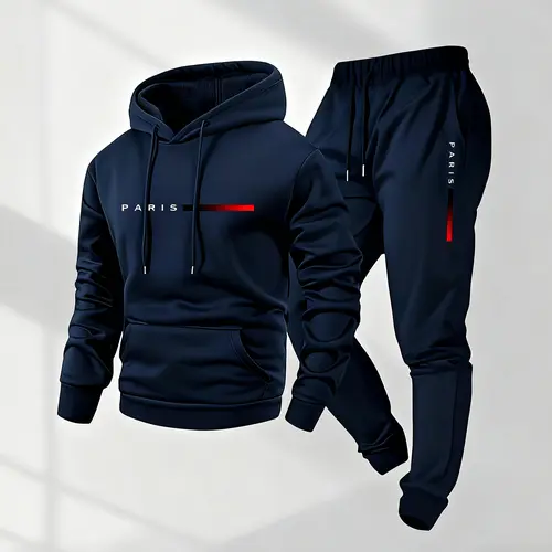 Men's PARIS Letter Printed Hoodie & Drawstring Sweatpants Set Casual Athletic Long Sleeve Hooded Jacket & Trousers for Fall Winter Daily Wear Sportswear Indoor Outdoor Tracksuit Athleisure 100% Polyester Loose Fit Soft Breathable Sweatsuit Set Workout Set