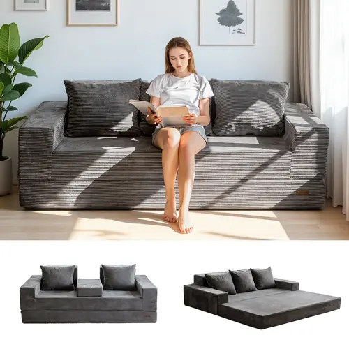 MAXYOYO Convertible Sofa Bed, 4-in-1 Corded Foldable Floor Sofa Couch, Convertible 3-Seater Boneless Couch with Cup Holders for Small Spaces, No Assembly Needed