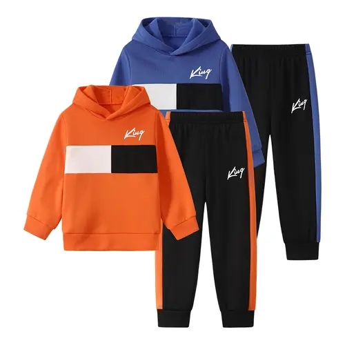 #falloutfits  4-piece boy hooded sweater trousers suit for autumn and winter 4-12-year-old boy color matching pullover sweatshirt and jogging pants suit for autumn and winter.