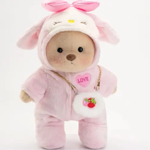 Getahug Handmade Strawberry Teddy Bear - Brown, 9 In, Posable Jointed, Strawberry Charm, Cute Animal Design, Cute Stuffies, Huggable Collectible, Soft Cuddly Gift, Bow Bunny, Safe for All Ages, Girls' Small Toy Gift