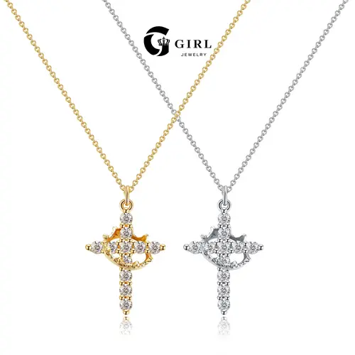 GGIRL Simple 18K Gold Plated Zirconia Crown Cross Coperr Pendant Choker Necklace for Women Men Girls Pretty for Daily Party Clothing Decor, Trendy Exquisite Fashion Jewelry Gifts for Summer Beach Parties Holiday Birthdays Anniversaries Back to School