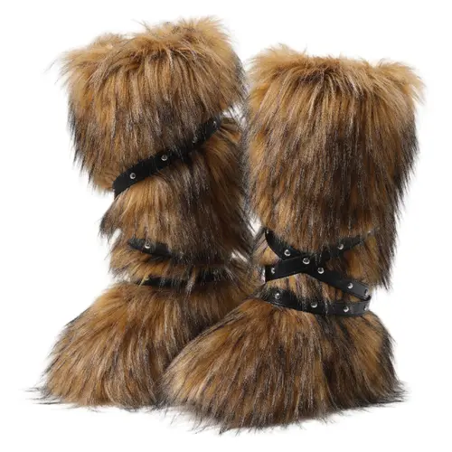 Women's Insulated Faux Fur Knee-High Boots, Chic Cute Round Toe Strap Design, Comfy Warm Plush Snow Boots for Winter Outdoor & Indoor Flat Shoes