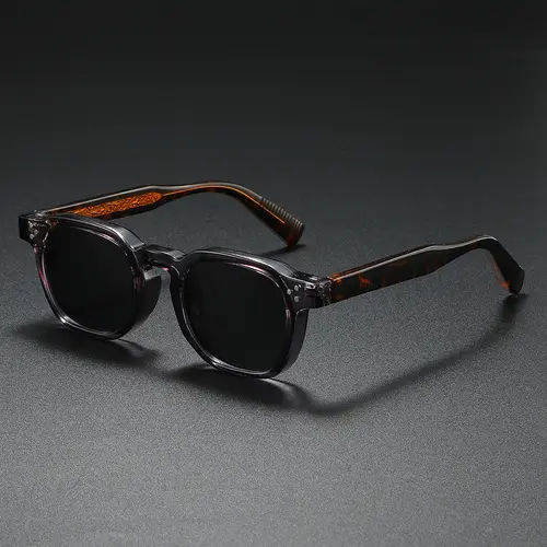 Men's Vintage Square-Frame Sunglasses, Transparent Gray Acetate Frame, Tortoise-Patterned Engraved Temples, Black UV400 Lenses, Lightweight Tortoise Eyewear, Street Style Shades, Cool Gifts for Guys