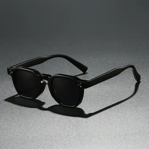 Men's Vintage Square Sunglasses Frames - Black Acetate, Rivet-Detailed Temples, Dark Tinted Lenses, Rimless-Inspired Trendy Shades, Men's Fashion Accessory Mens Gifts