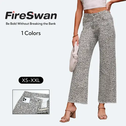 FireSwan 2026 new high waist jeans for women European and American fashion all-match leopard print brushed nine-point trousers for women Bootcut Stonewash Bottoms