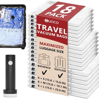 SUOCO Travel Vacuum Seal Bags with Rechargeable Electric Pump & Compression Packing Cubes  Airtight, Re-sealable Set Travel Organizers for Luggage Space-Saving Solutions, Vacuum Bags For Travel summerwins