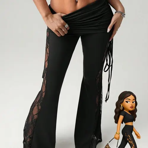 Women's Lace Side Stripe Beach Vacation Flared Pants, Bell Bottom Pants, Casual Bohemian Trousers, Boho Casual Trousers, Sexy Waist Drawstring Adjustable Flare Leggings, Casual Slim-Fit All Season Wear Womenswear Aesthetic, Casual Chic Trousers