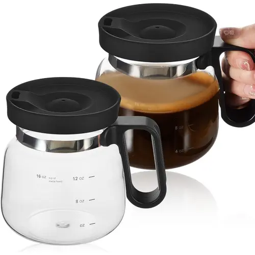16oz Glass Coffee Pot-Shaped Mug - 4" Tall x 3.75" Wide Compact Carafe Design with Sip Lid, Glass Body, Capacity Hashes, Ideal for Hot Drinks, Fun Gift for Enthusiasts
