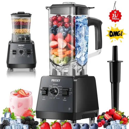 Prasky PRO Countertop Blender & Grinder Combo - 3L/101OZ High-Capacity, 2400W Max/1000W, 25000RPM, BPA-Free 2 Containers, Ice Crushing, Blender for Shakes, Dishwasher Safe, Overheat Safe, Commercial Use Kitchen Appliance, Grind & Blend, Milkshake