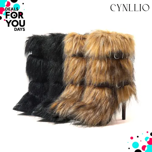 Womens Mid Calf Fur Boots Pointed Toe Stiletto Heels Pull On Buckle Fur Fuzzy Fluffy Snow Boot Fashionable Outing Party Nightclub Summer Winter Chilly Day Booty Shoes