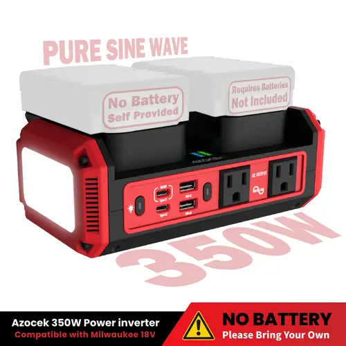 Azocek 350W Power Inverter Pure Sine Wave Compatible with Milwaukee 18V Battery (No Battery), 7A Fast Charger, Portable Power Station with 2 AC Outlets, 2 Type-C (140W/65W), 2 QC USB Ports, 600LM LED for Camping, Outdoor Work, Emergency Power tiktokshopsp