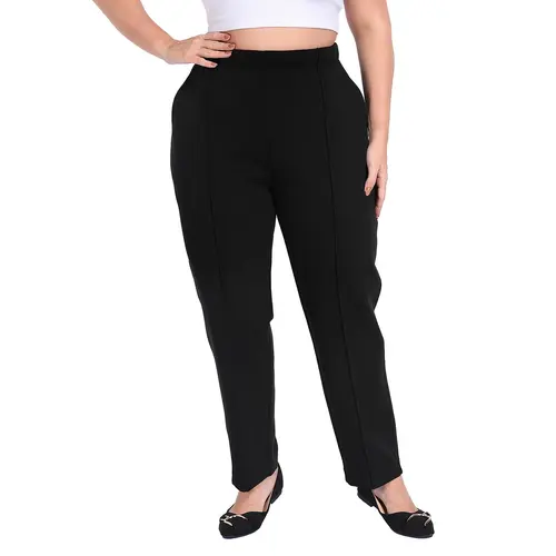 HDE Women's Plus Size High-Rise Pull-On Pintuck Trouser - Stretchy Knitting Cotton Blend Loungewear Bottom, Elastic Waistband, Basic Fit, Front Slant Pockets, Versatile for Casual-Dressy Wear, 1X,2X,3X,4X, Pull-On Closure, Basics
