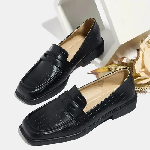 Women's Fashion Fall New Chunky Thick Rubber Sole Square Toe Soft PU Leather Walking Shoes, Slip-On Comfortable Loafers for Work & Casual Wear, Office Shoes, Low Heel Flats, Footwear