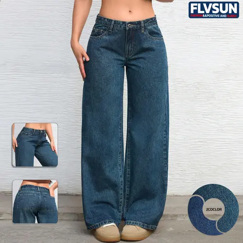 Flvsun-Women Y2k Low Rise Baggy Jeans Vintage Boyfriend Loose Fit Straight Wide Leg Jeans Casual Long Denim Pants 90s outfits straight leg jeans stacked jeans baggy jeans, Bottoms, Minimalist,clothes for back to school,first day of school outfits
