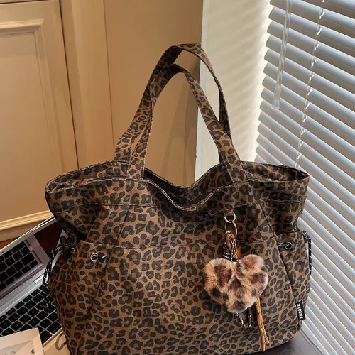 Leopard Print Plush Pendant Bag, Large Capacity Fashion Tote Bag for Work & Daily Use, Versatile Bag, Single Shoulder Crossbody Design, Stylish Bag, High Quality Bag, Fashionable Bags