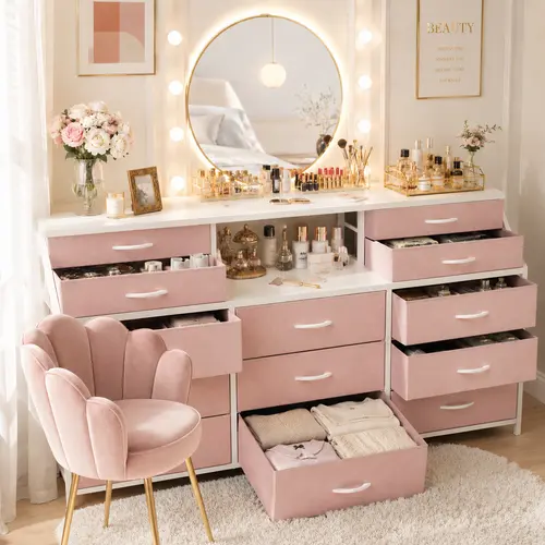 Homkdom Blush Pink Modern Heavy Duty Makeup Vanity Desk - 13 Fabric Drawers, Open Shelves, 55.1in TV Stand Dresser (Fits 65in TV), Tall Storage Cabinet Tower, Wooden Top Storage Design Furniture for Bedroom