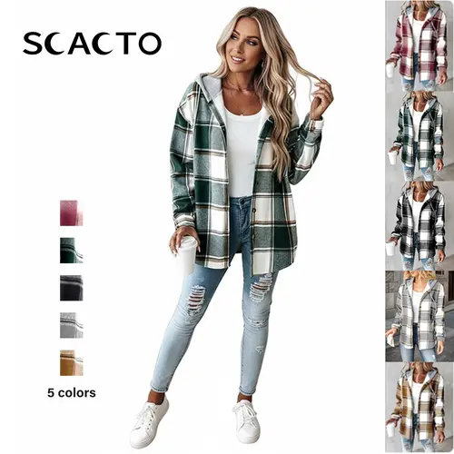 SCACTO Women's Plaid Hooded Collared Neck Fleece-Lined Shacket - Longsleeves Button-Down Tops Coat, Warm Lightweight Soft Fabric, Chic Plus-Size, 5 Colors, Elevated Casual Overshirt, Grey & Brown Grid with Metallic Accents