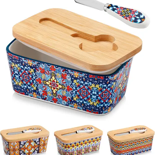 vancasso SIMI Butter Dish with Lid, 6.5" Large Butter Dish for Countertop, Bohemian Ceramic Butter Keeper Container with Knife and Bamboo Lid, Butter Holder for Counter