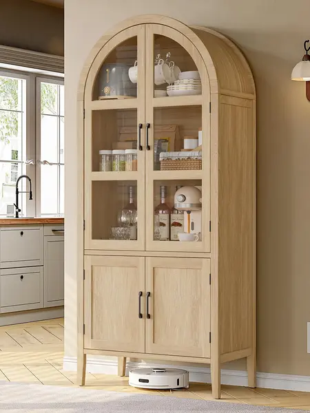 【DealsforYouDays】ONBRILL 71" Tall Arched Cabinet, 5-Tier Arched Kitchen Pantry with Glass Doors & Shelves, Modern Display Arch Cabinet with Adjustable Feet, Wooden Pantry for Living Room, Dining Room
