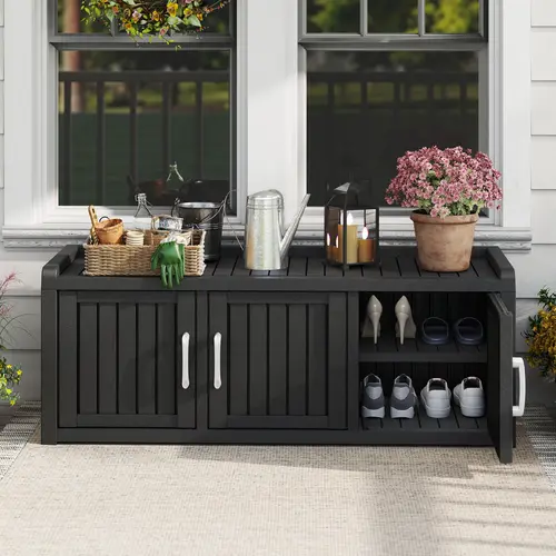 【Summergarden】Durable Design Sturdy Storage Bench with Top Fence Guard, Wooden-Style Doors & Double Door Hidden Storage, Waterproof Indoor-Outdoor Shoe Organizer for Patio Entryway, Holds Baskets & Shoe Organization