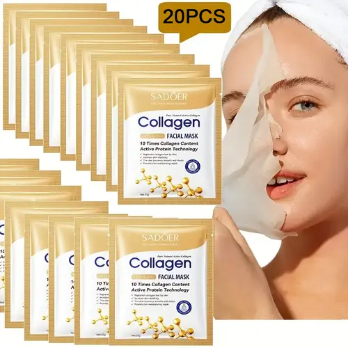 20-Pack Collagen Face Mask, Beauty Products, Skincare with Collagen Components, Collagen Content, Deep Hydration Tightening, Smooth, Gentle, Non-Irritating Facial Light Beige Formula, Portable Travel Pack