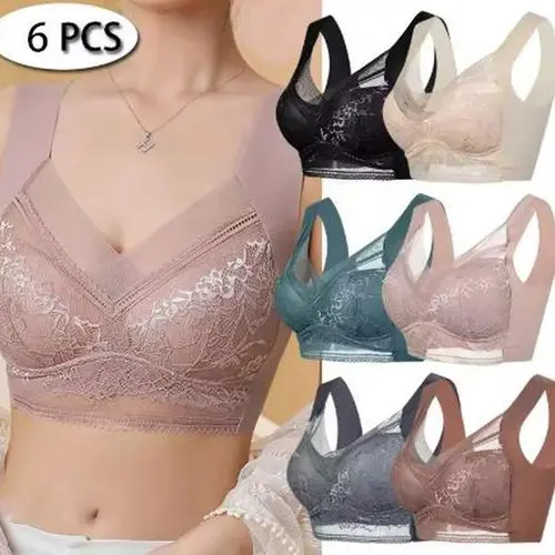 Women's 6-Pack Seamless Wirefree Bralettes, V-Neck Lace Trim Pullover, Back Smoothing Breathable Stretch Nylon, Fixed Straps, Elegant for Wedding & Everyday Wear