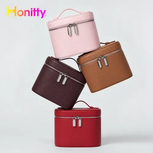 HONITTY Women's Travel Toiletry Case - Portable PU Exterior Soft Makeup Organizer Bag with Removable Divider, Handle, Zip/Velcro Closure, Travel Beauty Bag for Beauty on the Go & Reduced Item Loss