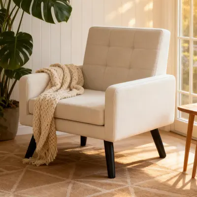 Accent Chair for Living Room, Mid-Century Modern Comfy Upholstered Armchair with Large Seat, Single Sofa Reading Chair, 496 Lb. Weight Capacity, for Bedroom, Apartment Beige Chaise Lounge summerwins