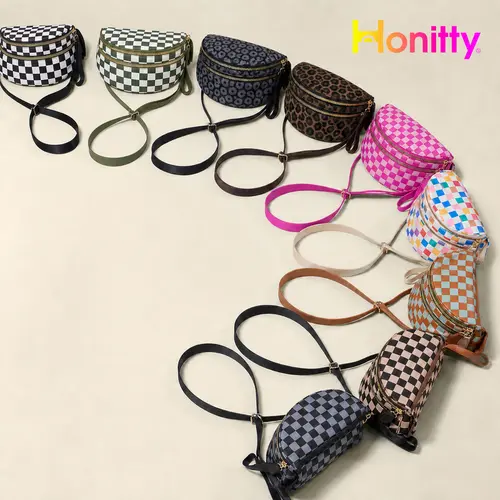 HONITTY Women's Checkered Nylon Bum Bag - Plus-Size Fit Adjustable Strap, Spacious Everyday Bags, Gold-Toned Hardware, Athletic Basic, Shape Stays Firm, Gifts for Women