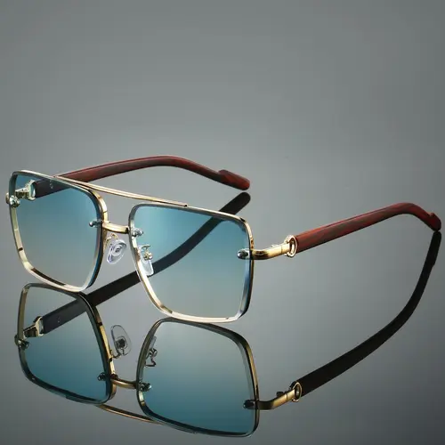 Men's New Full Frame Square Glasses, Retro Dual Bridge Design, Imitation Wood Texture Temples, Metal Frame, Classic Fashion Decorative Eyewear, Trendy Vintage Eyeglasses, Square Frames Eyeglasses, Fashionable Frames Glasses, Stylish Trendy Eyewear