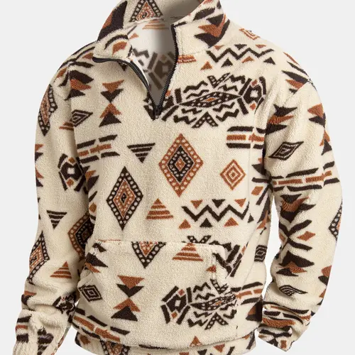 Men's Flannel Ethnic Geometric Print Graphic Hoodie, Sweatshirts, High Neck Long Sleeve Half-Zip Fitted Pullover with Pocket, Warm Autumn Winter Casual Sportswear Tops, Casual Print Clothes