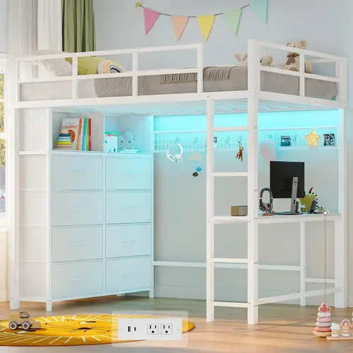 SIKAIC White Twin LED Loft Bed Frame with Desk & 8 Drawers, Sturdy Metal High Bed with Charging Station for Girls, Kids, College Dorm